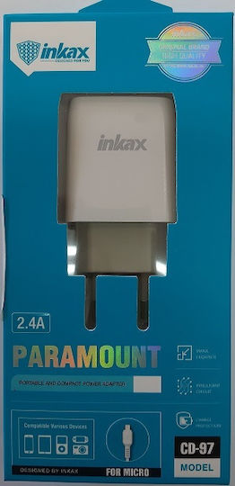 Inkax Φορτιστής με 2 Θύρες USB-A και Καλώδιο micro USB Λευκός (CD-97)