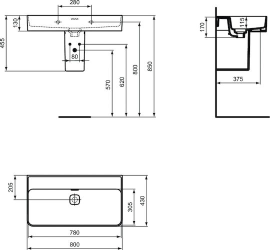 Ideal Standard Strada II Wall Mounted Wall-mounted Sink Porcelain 80x43x13cm White