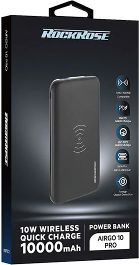 Rockrose Airgo 10 Pro Power Bank 10000mAh 18W cu 2 Porturi USB-A și Port USB-C Livrarea energiei / Quick Charge 3.0 Negru