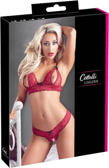 Cottelli Collection Open Cup Bra & Crotchless String Set Sexy Σετ Εσωρούχων με Δαντέλα Red