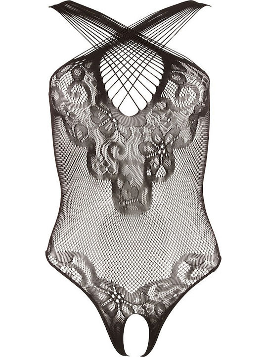 Mandy Mystery Lace Body Suit With Open Crotch Black