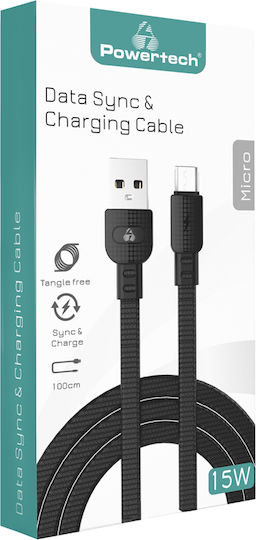 Powertech Armor Braided / Flat USB 2.0 to micro USB Cable Μαύρο 1m (PTR-0097)