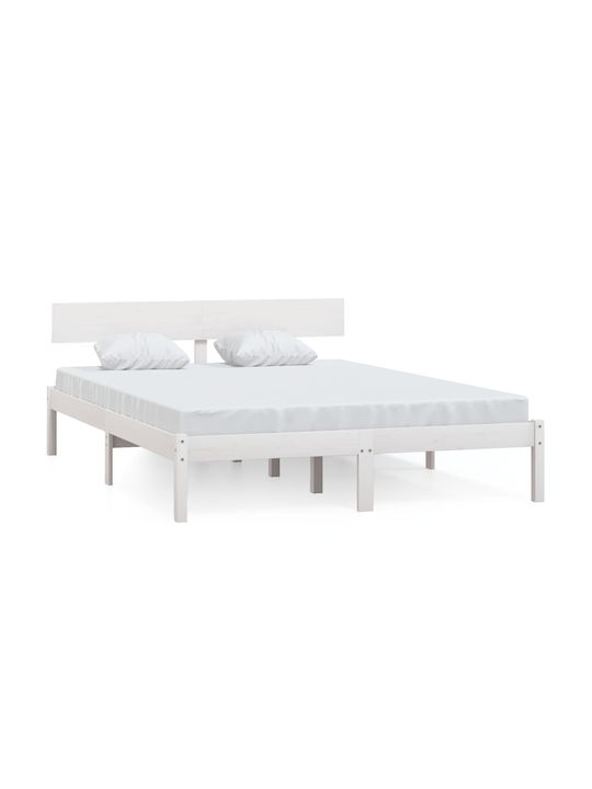 Double Solid Wood Bed White with Slats for Mattress 140x190cm