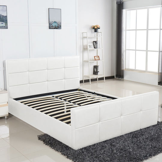Anemone Pat Queen Tapițat cu Piele Ecologică Alb cu Spațiu de Stocare & Lamele pentru Saltea 160x200cm