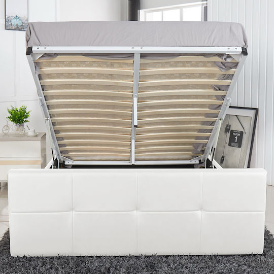 Anemone Pat Queen Tapițat cu Piele Ecologică Alb cu Spațiu de Stocare & Lamele pentru Saltea 160x200cm