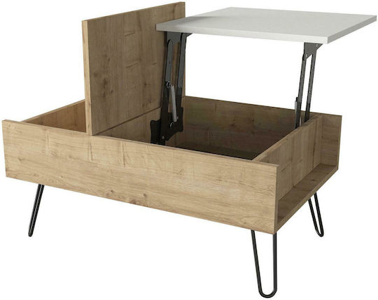 Rectangular Central Coffee Table Limnos Wooden with Lifting Mechanism Natural/White W80xL50xH39cm