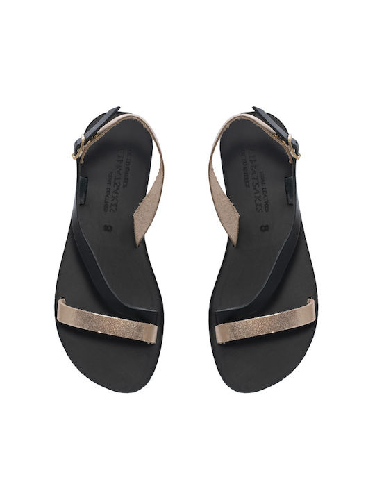 Women's Climatsakis sandals with a delicate pink gold fassia and a slanted fassia that ties at the ankle black 371