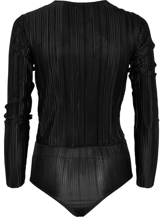Wrap Long Sleeve Bodysuit Pleat Black