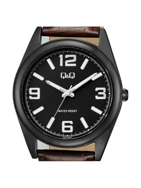 Q&Q Watch Battery with Brown Leather Strap