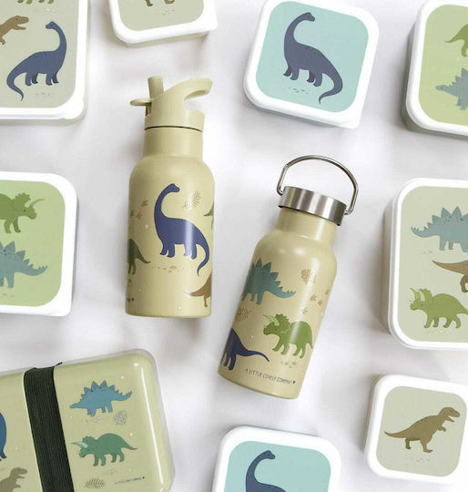 A Little Lovely Company Dinosaurs Kids Water Bottle Thermos Dinosaur Stainless Steel with Straw Non Spill Beige 350ml