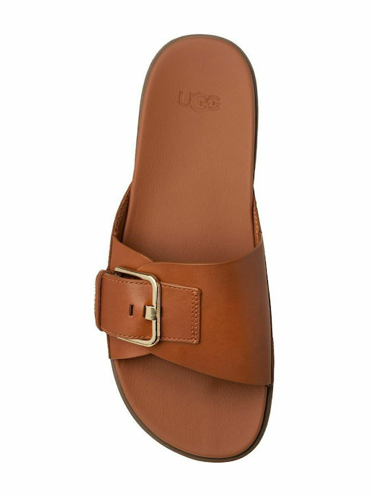 Buckle Leather Women's Flat Sandals in Tabac Brown Color