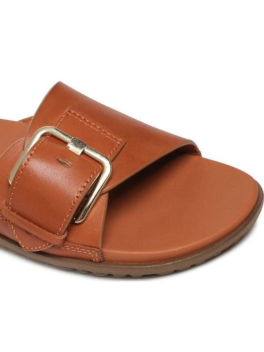 Buckle Leather Women's Flat Sandals in Tabac Brown Color