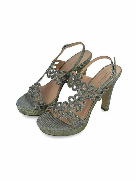 Menbur Platform Women's Sandals with Strass Gray with Chunky High Heel