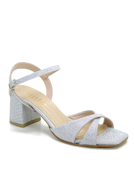 Ellen Women's Sandals with Strass Silver with Chunky Medium Heel