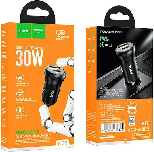 Hoco NZ5 Autoladegerät 30W 5A Schnellladen mit Anschlüssen: 1xUSB 1xType-C Schwarz Farbe