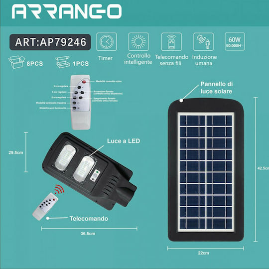 Arrango Street Solar Light 60W Cold White 6500K with Motion Sensor IP65 36.5cmx29.5cmcm