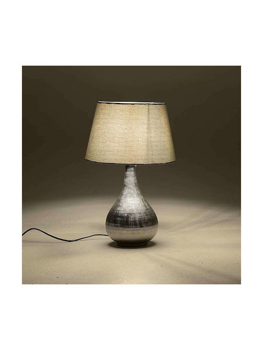 Inart Ceramic Table Lamp for Socket E27 with Gray Shade and Silver Base