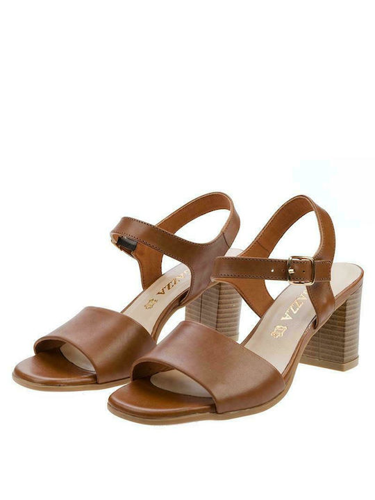 Ragazza Leather Women's Sandals Tabac Brown with Chunky High Heel