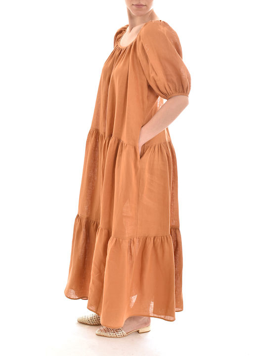 Milla Long Frilled Linen Dress With Puffed Sleeves - Chocolate Brown (S22M-130261-010)