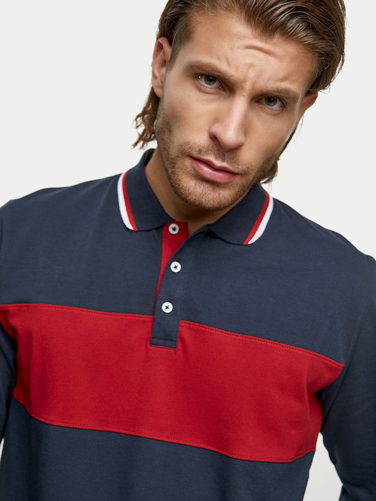 RedGreen Polo Pique 2-colour with Long Sleeve & Striped Collar - Blue Navy