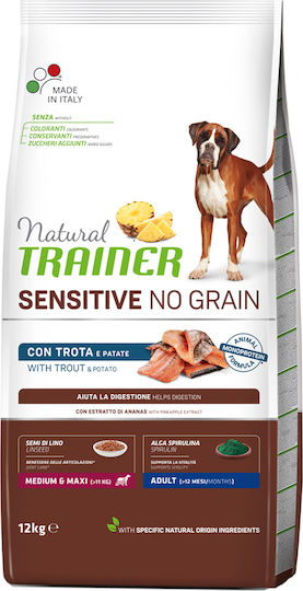 Trainer Sensitive No Grain Adult Medium & Maxi 12kg Trockenfutter ohne Getreide für erwachsene Hunde mittlerer & großer Rassen mit Forelle