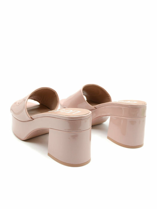 Leather Mules with Chunky High Heel Rose