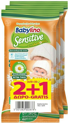 Babylino Sensitive with Chamomile Υποαλλεργικά Μωρομάντηλα χωρίς Οινόπνευμα & Parabens με Χαμομήλι 3x10τμχ