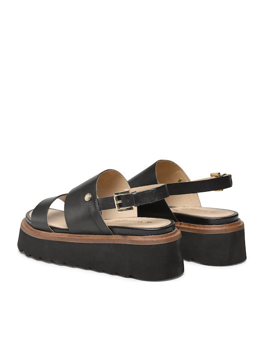 Melrose Leather Women's Flat Sandals with Strap Flatforms in Black Color