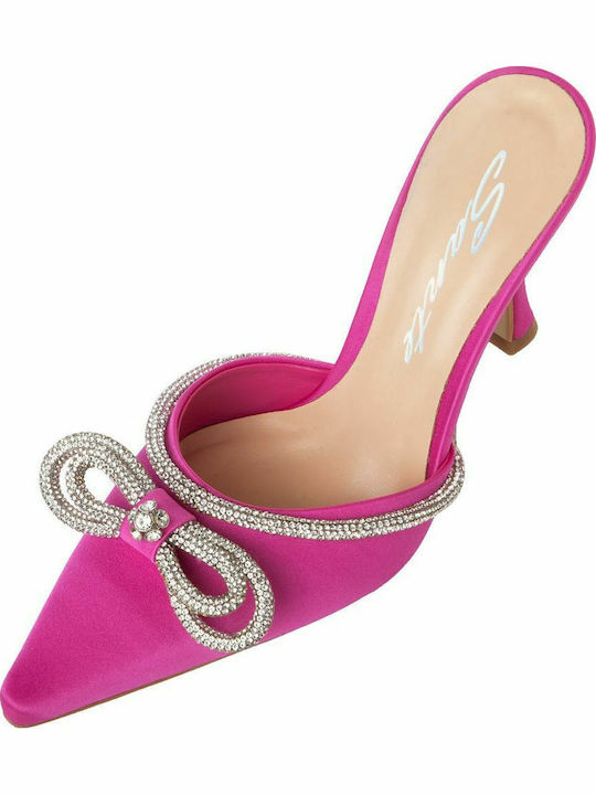 Satin Mules with Thin High Heel in Fuchsia Color