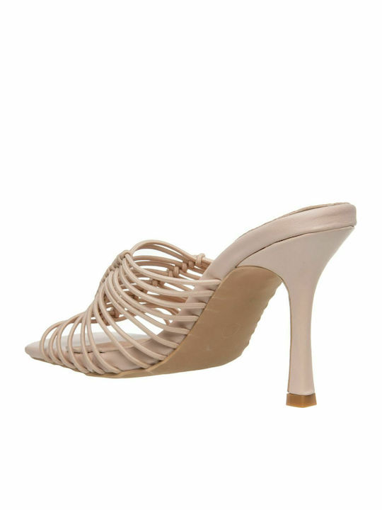 Leather Mules with Thin High Heel in Beige Color