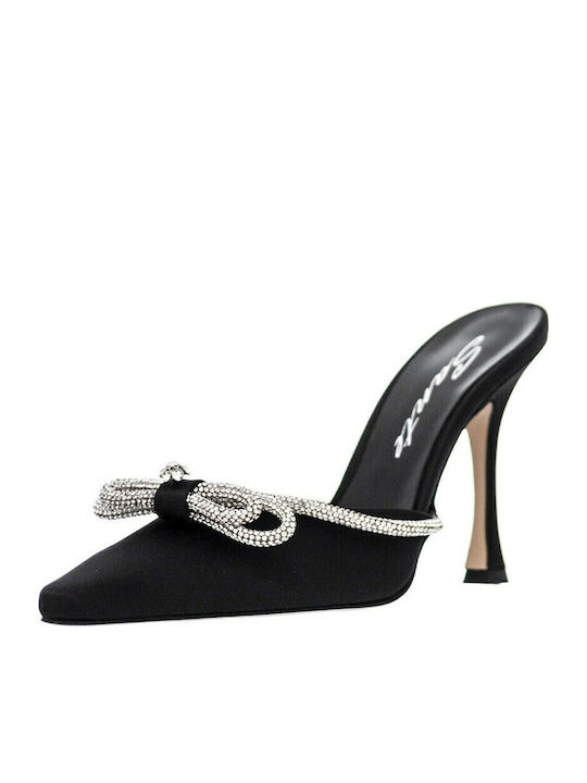 Satin Mules with Thin High Heel in Black Color