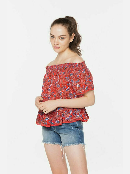 Superdry Vintage Κοντομάνικη Γυναικεία Μπλούζα Off-Shoulder Καλοκαιρινή Floral Κόκκινη