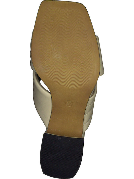 Leather Mules with Chunky High Heel in White Color