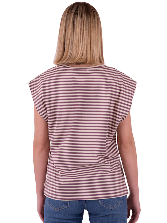 Tom Tailor Women's Summer Blouse Cotton Sleeveless with V Neckline Striped Medium Purple