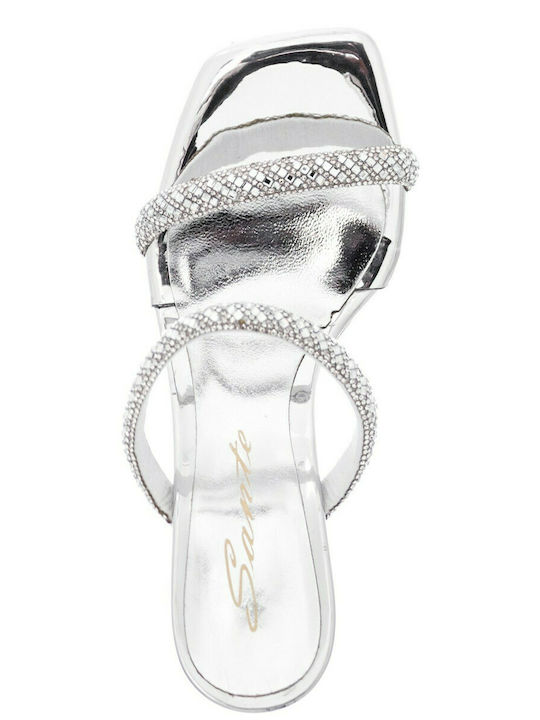 Leather Women's Sandals with Thin High Heel In Silver Colour