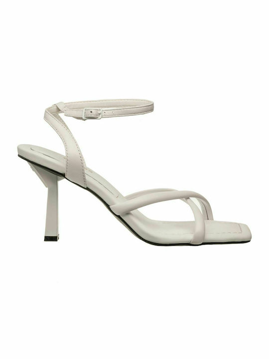 Leather Women's Sandals with Ankle Strap White with Thin High Heel