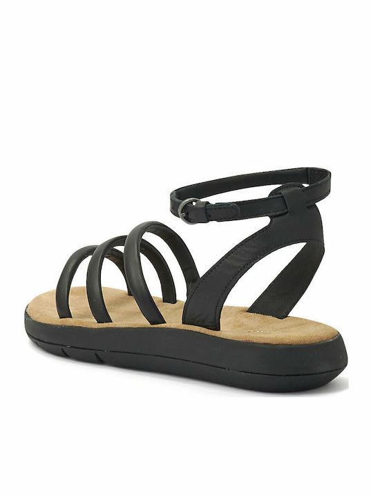 Jemsa Leather Women's Flat Sandals with Strap in Black Color