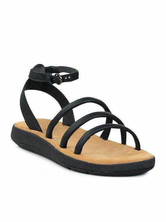 Jemsa Leather Women's Flat Sandals with Strap in Black Color
