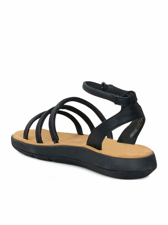 Jemsa Leather Women's Flat Sandals with Strap in Black Color