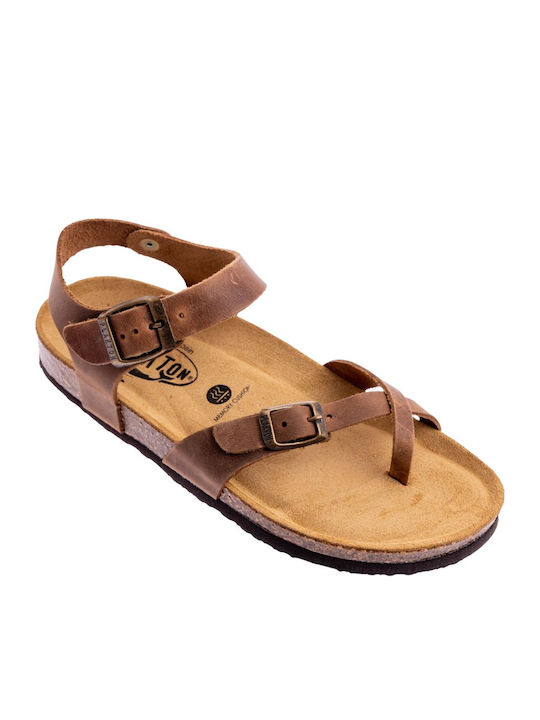 Leather Women's Flat Sandals Anatomic in Tabac Brown Color