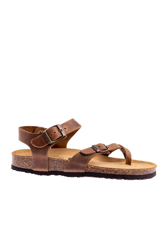 Leather Women's Flat Sandals Anatomic in Tabac Brown Color