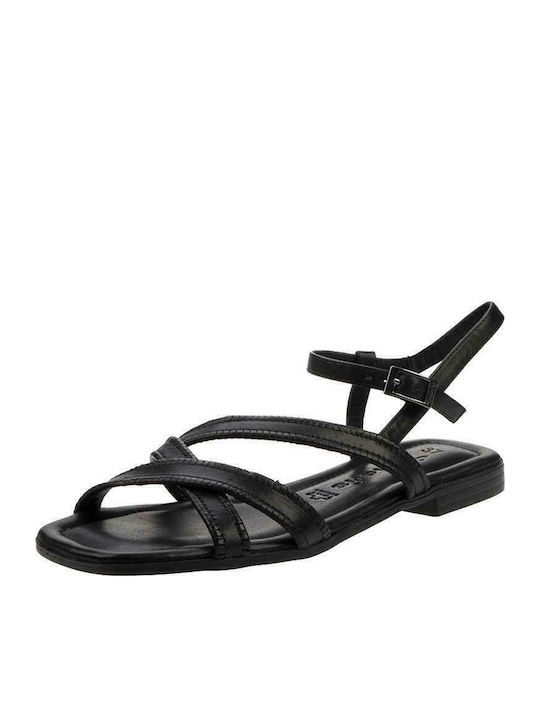 Leather Women's Flat Sandals with Strap in Black Color