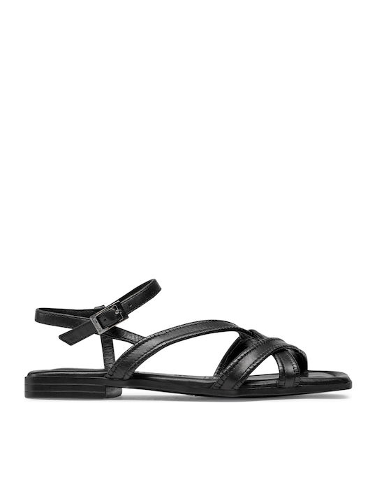 Leather Women's Flat Sandals with Strap in Black Color