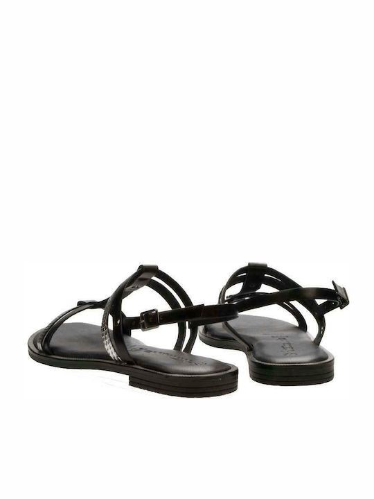 Leather Women's Flat Sandals with Strap in Black Color