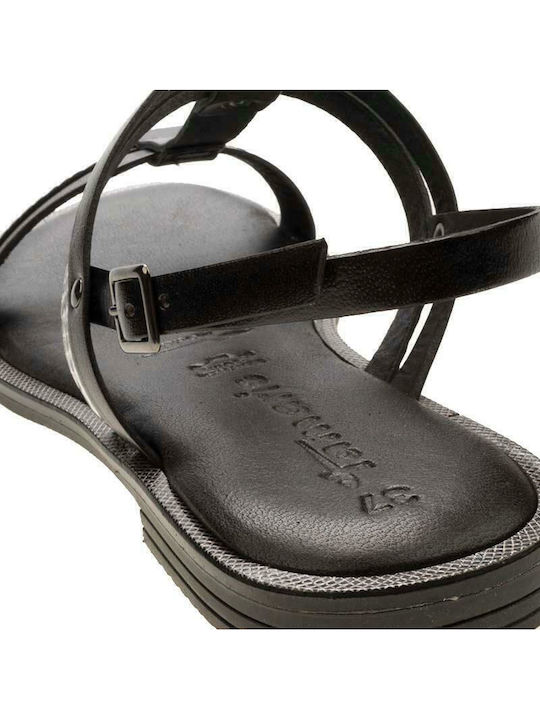 Leather Women's Flat Sandals with Strap in Black Color