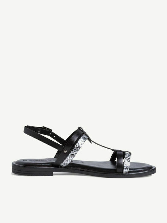 Leather Women's Flat Sandals with Strap in Black Color