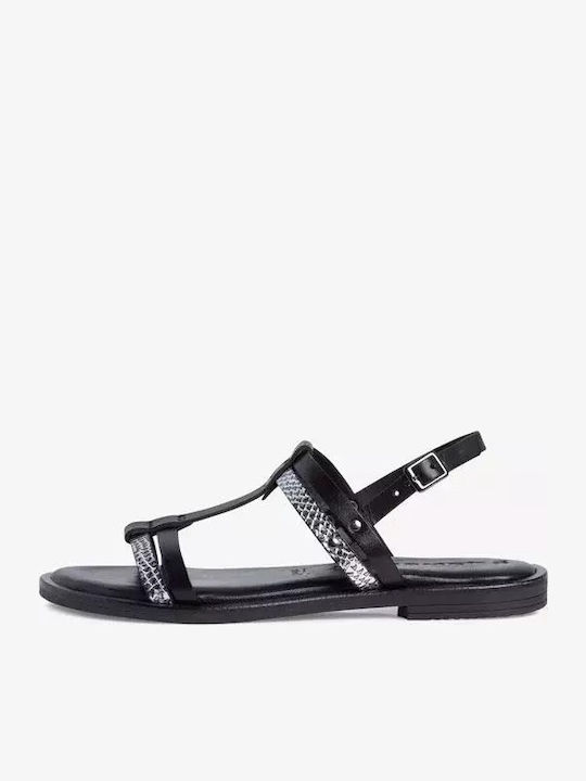 Leather Women's Flat Sandals with Strap in Black Color