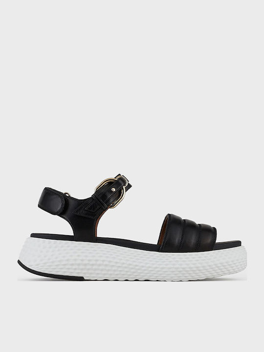 Leather Women's Flat Sandals Flatforms in Black Color