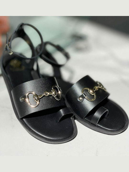 Leather Women's Flat Sandals with Strap in Black Color