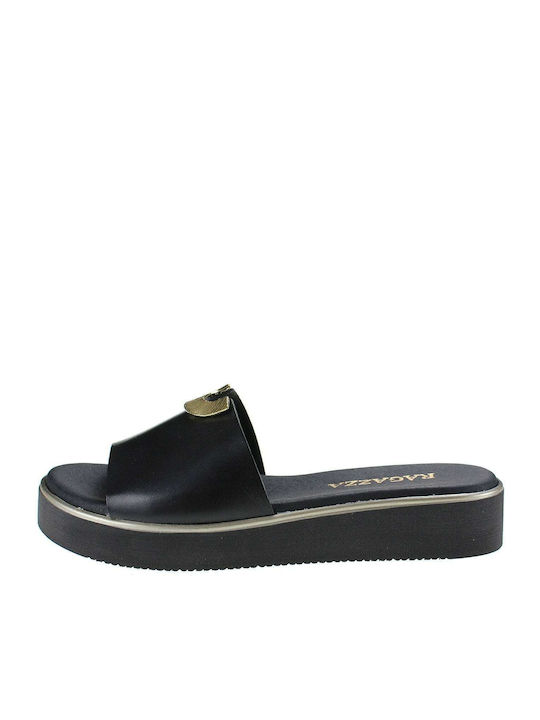 Leather Women's Flat Sandals Anatomic Flatforms in Black Color